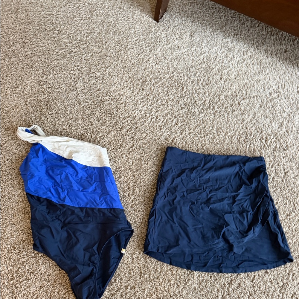 Summersalt Blue and White one shoulder Swimsuit with blue coverup skirt